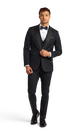 Front view of the black peak lapel tuxedo.