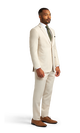 Side view of the Friar Tux light tan suit rental.