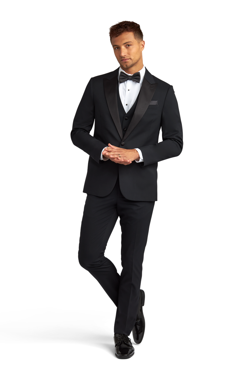 Side view of the peak lapel tuxedo rental.