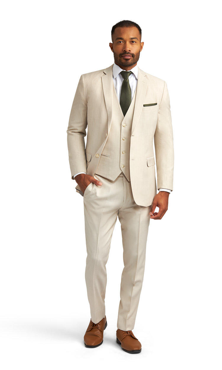 Front view of the Friar Tux light tan suit rental.