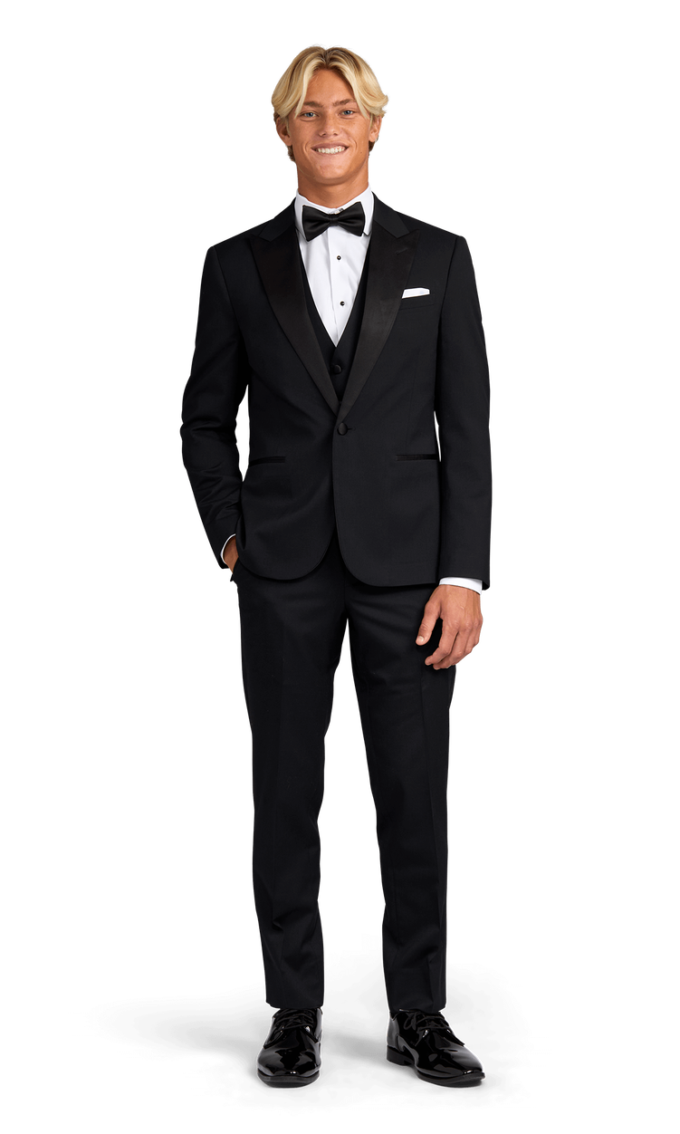 Front view of the black peak lapel tuxedo.